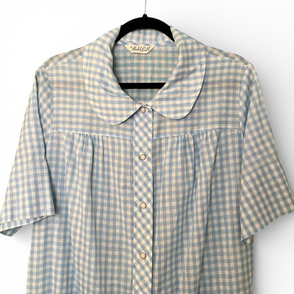 Vintage Blue and White Gingham Button-Up Nightgown with Pear Applique Pocket - Picture 3 of 5